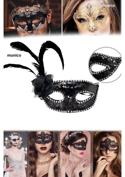 3 Adet Yandan Tüylü Siyah Maske – Gümüş Taşlı, Güllü ve Pullu | Özel Günler Için Göz Alıcı Tasarım fiyatları