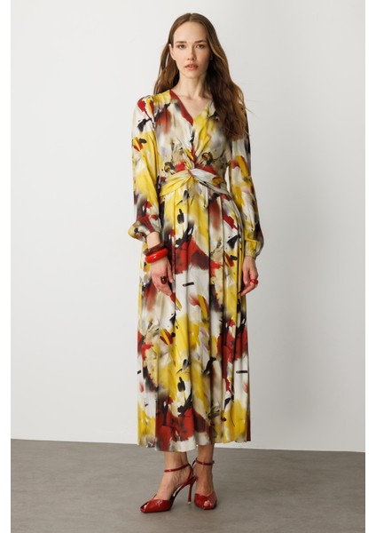 V Yaka Desenli Uzun Elbise-Sarı fiyatları