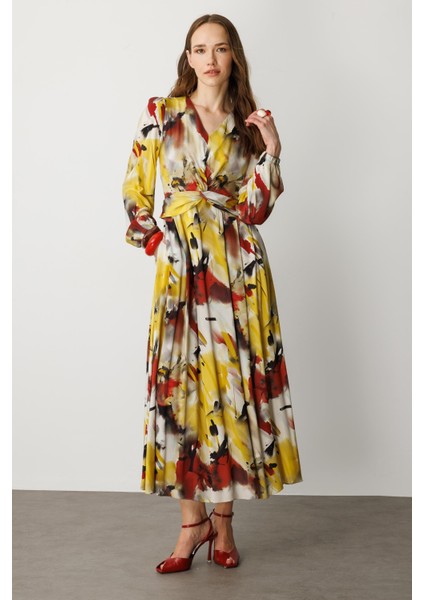V Yaka Desenli Uzun Elbise-Sarı modelleri