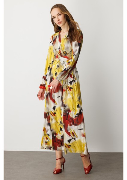 V Yaka Desenli Uzun Elbise-Sarı fırsatları