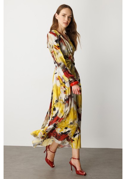V Yaka Desenli Uzun Elbise-Sarı indirimleri