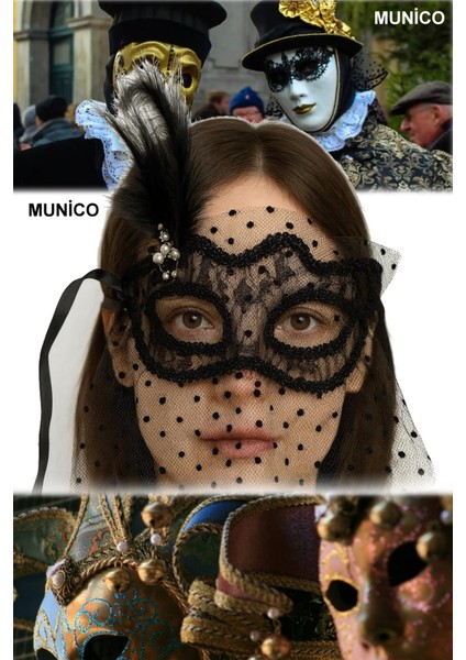 3 Adet Siyah Renk Duvaklı Maske Puantiyeli Kumaş, Inci Süslemeli Kostüm Maskeli Balo Hallowen Parti