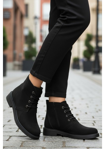 Siyah Süet Bağcıklı Fermuarlı Kaymaz Kadın Bot 284098 Z modelleri