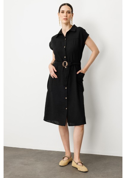 Keten Görünümlü Kuşaklı Elbise-Siyah fiyatları