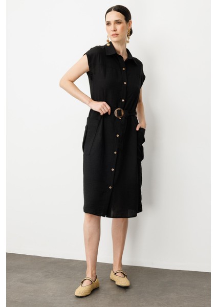 Keten Görünümlü Kuşaklı Elbise-Siyah modelleri