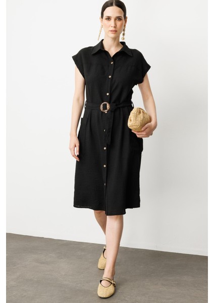 Keten Görünümlü Kuşaklı Elbise-Siyah fırsatları