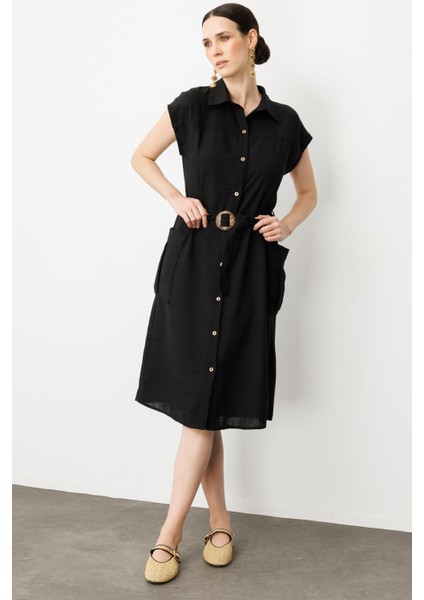 Keten Görünümlü Kuşaklı Elbise-Siyah indirimleri