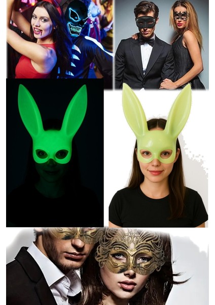 Karanlıkta Yanan Tavşan Maske Glow Etkili, Elastik Bantlı | Festival ve Kostüm Partileri Için modelleri