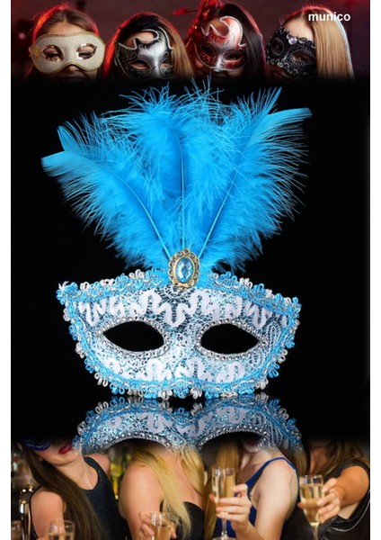 3 Adet Mavi Tüylü Dantel Maske Kaliteli Plastik Üzeri Kumaş Kaplama Bride ve After Parti Için Ideal fırsatları