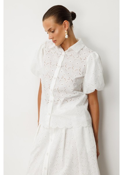 Balon Kol Pamuklu Fisto Gömlek-Kemık