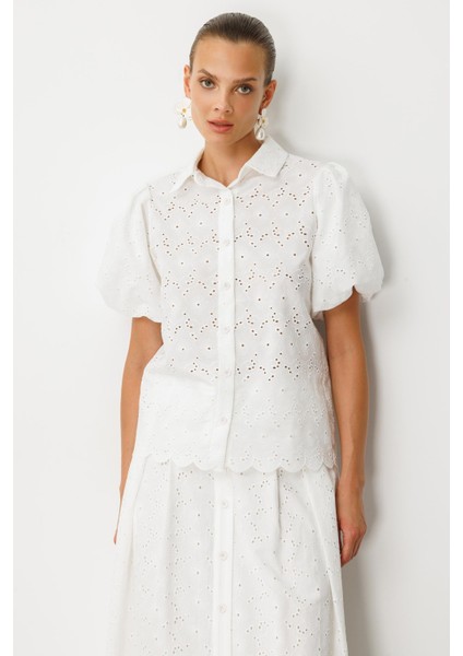 Balon Kol Pamuklu Fisto Gömlek-Kemık fiyatları