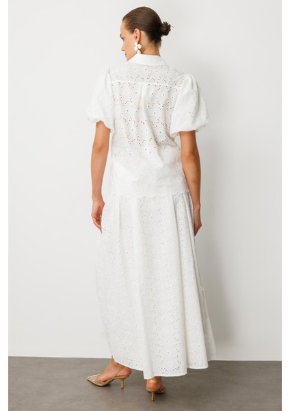 Balon Kol Pamuklu Fisto Gömlek-Kemık