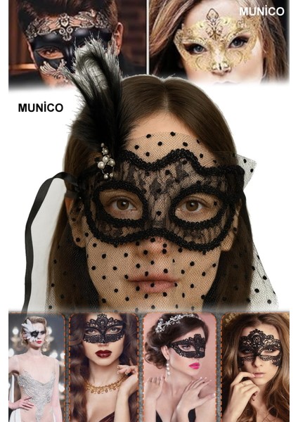 Siyah Renk Duvaklı Maske Puantiyeli Kumaş, Inci Süslemeli Kostüm Maskeli Balo Hallowen Parti