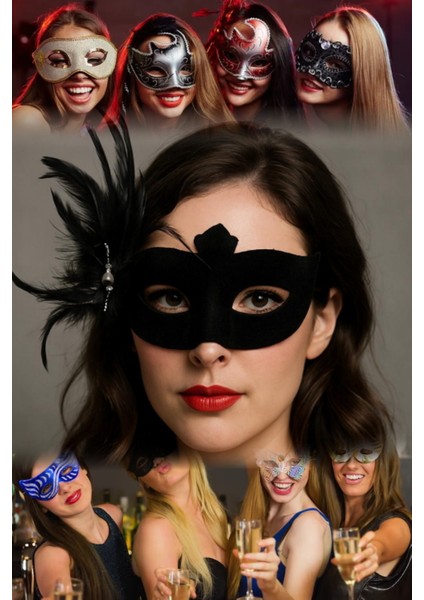 Yandan Tüylü Siyah Maske – Süet Kumaşlı, Beyaz Inci Detaylı | Kostüm ve Parti Için Şık Tasarım Siyah