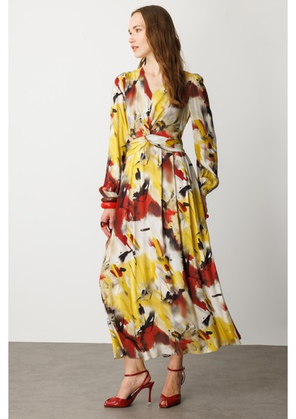 V Yaka Desenli Uzun Elbise-Sarı