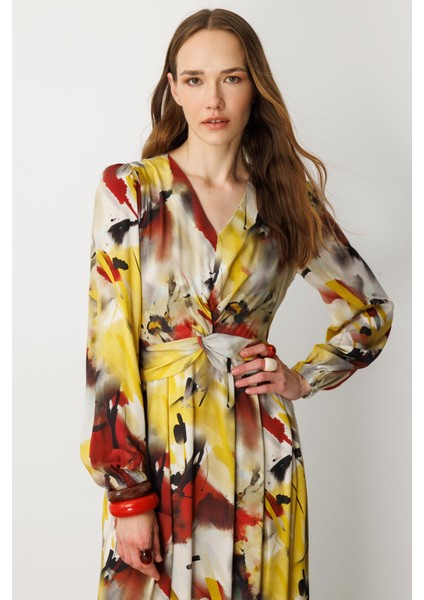 V Yaka Desenli Uzun Elbise-Sarı