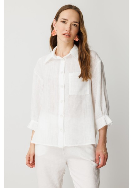 Kolları Pileli Keten Görünüm Gömlek-Kemık