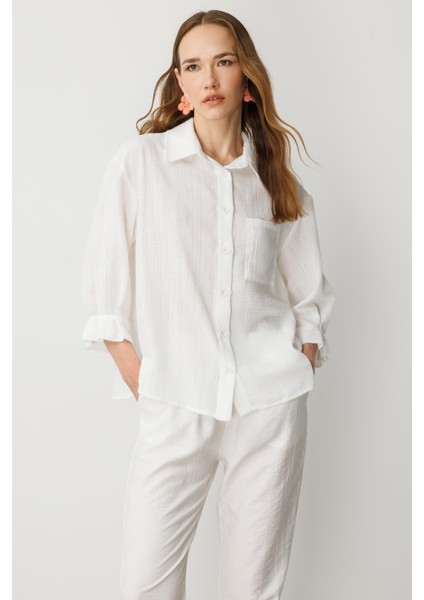 Kolları Pileli Keten Görünüm Gömlek-Kemık fiyatları