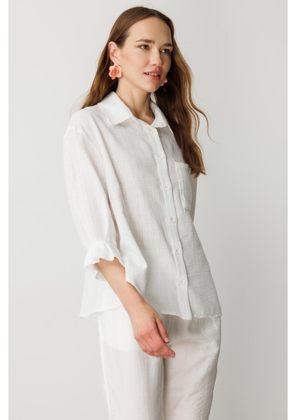 Kolları Pileli Keten Görünüm Gömlek-Kemık fırsatları