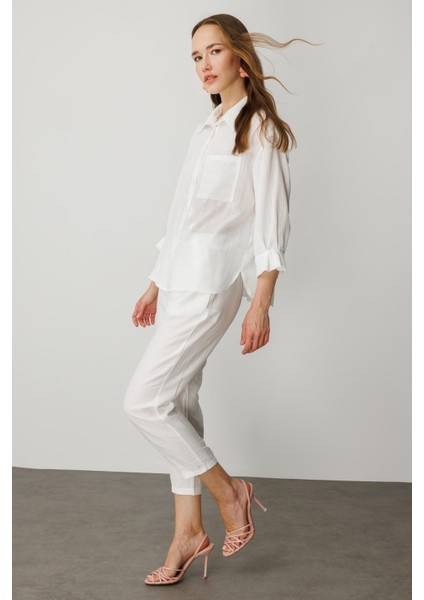 Kolları Pileli Keten Görünüm Gömlek-Kemık indirimleri