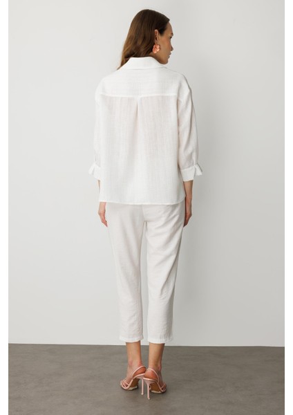 Kolları Pileli Keten Görünüm Gömlek-Kemık