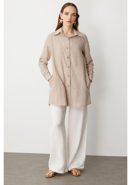 Keten Görünümlü Tunik Gömlek-Taş