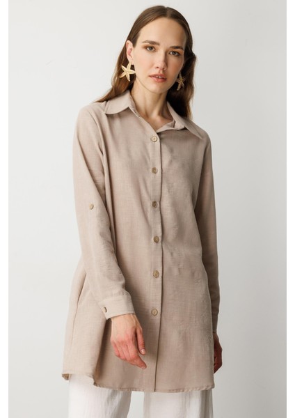 Keten Görünümlü Tunik Gömlek-Taş indirimleri