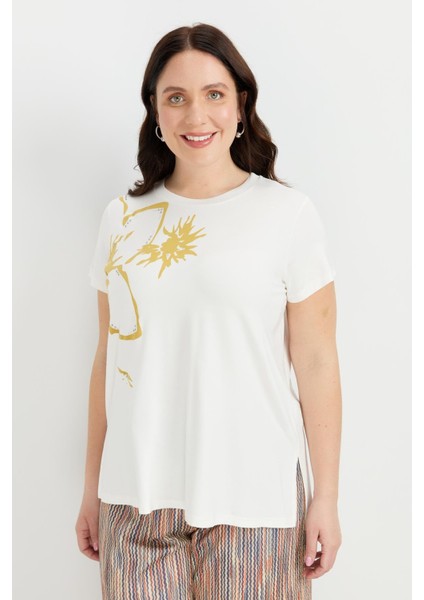 Büyük Beden Çiçek Baskılı Bluz-Sarı