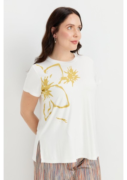 Büyük Beden Çiçek Baskılı Bluz-Sarı