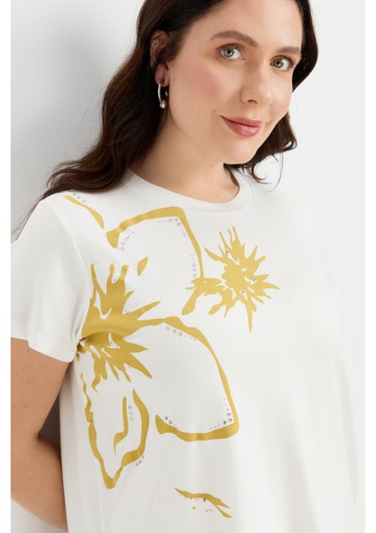 Büyük Beden Çiçek Baskılı Bluz-Sarı