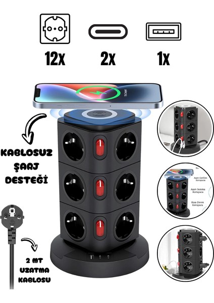 Akım Korumalı Priz Kablosuz Şarj Istasyonu 12XSOKET 1xusb 2xtype-C 2 mt Kablolu Grup Priz Çoğaltıcı