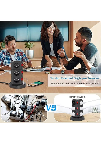 Akım Korumalı Priz Kablosuz Şarj Istasyonu 12XSOKET 1xusb 2xtype-C 2 mt Kablolu Grup Priz Çoğaltıcı indirimleri