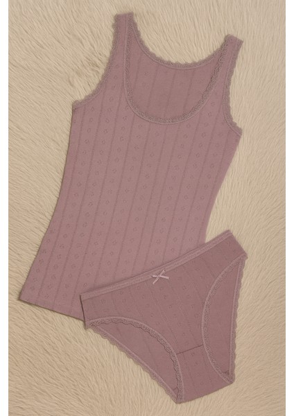 %100 Pamuk Jakarlı Kalın Askılı Mürdüm Bikini Külot Takım LL.IL22.KE95.001