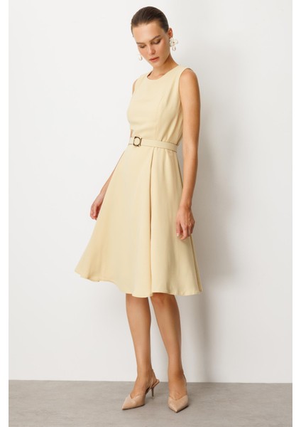Cep Detaylı Kolsuz Krep Elbise-Sarı fiyatları