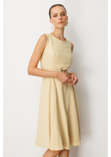 Cep Detaylı Kolsuz Krep Elbise-Sarı fırsatları