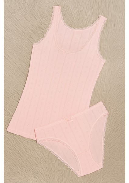 %100 Pamuk Jakarlı Kalın Askılı Pudra Bikini Külot Takım LL.IL22.KE95.001