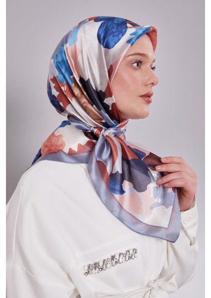 Mavi-İndigo Gül Desen Kristal Eşarp