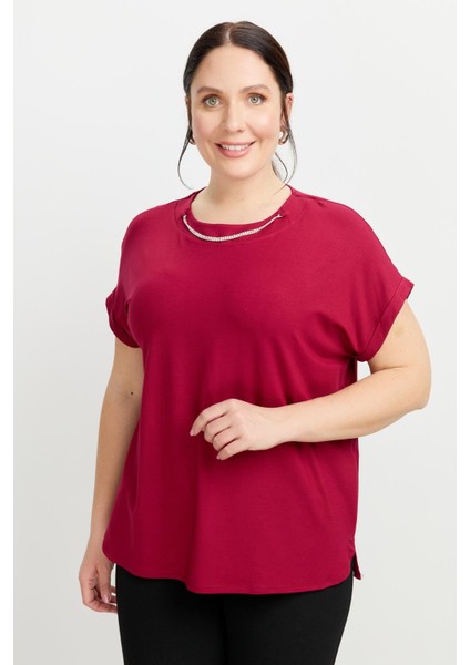 Büyük Beden Kolye Detaylı Bluz-Mürdüm fırsatları