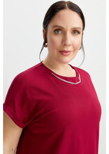 Büyük Beden Kolye Detaylı Bluz-Mürdüm