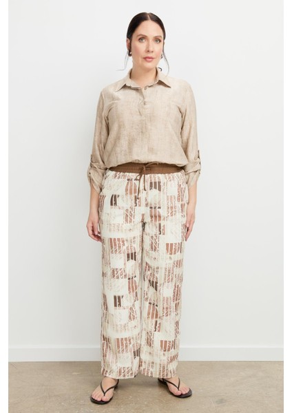 Büyük Beden Desenli Keten Pantolon-Kahve