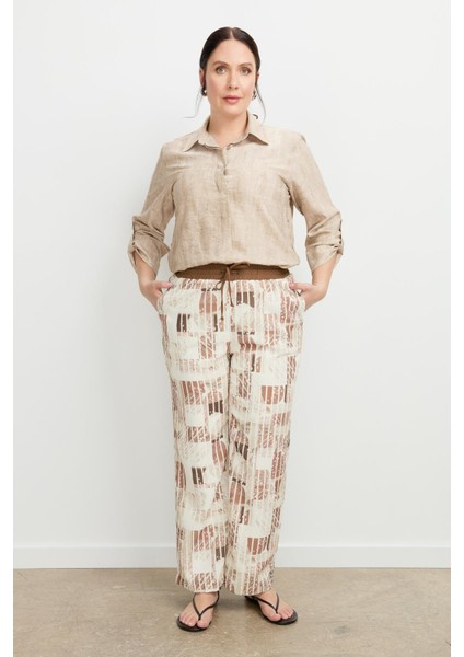 Büyük Beden Desenli Keten Pantolon-Kahve fiyatları