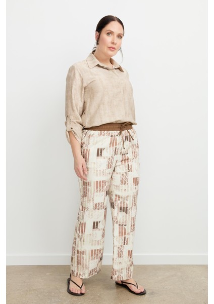Büyük Beden Desenli Keten Pantolon-Kahve modelleri