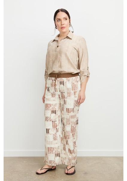 Büyük Beden Desenli Keten Pantolon-Kahve fırsatları