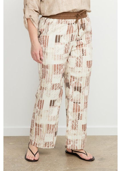 Büyük Beden Desenli Keten Pantolon-Kahve