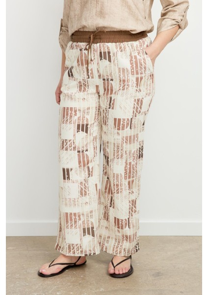 Büyük Beden Desenli Keten Pantolon-Kahve
