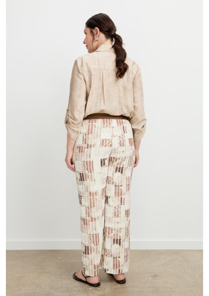 Büyük Beden Desenli Keten Pantolon-Kahve