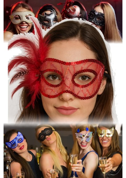 2 Adet Kırmızı Tüylü Payetli Parti Maskesi Yandan Tüylü, 23X12 cm | Maskeli Balo ve Kostüm Aksesuar indirimleri