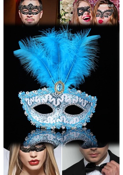 Mavi Tüylü Dantel Maske Kaliteli Plastik Üzeri Kumaş Kaplama Bride ve After Parti Için Ideal