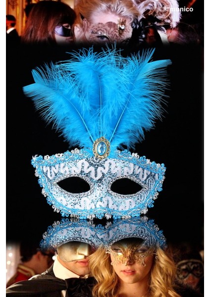 Mavi Tüylü Dantel Maske Kaliteli Plastik Üzeri Kumaş Kaplama Bride ve After Parti Için Ideal modelleri