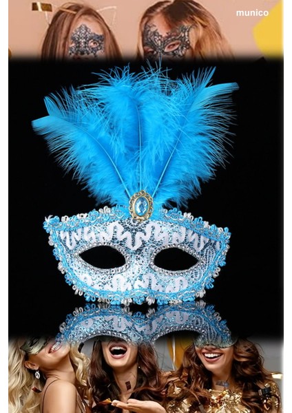 Mavi Tüylü Dantel Maske Kaliteli Plastik Üzeri Kumaş Kaplama Bride ve After Parti Için Ideal